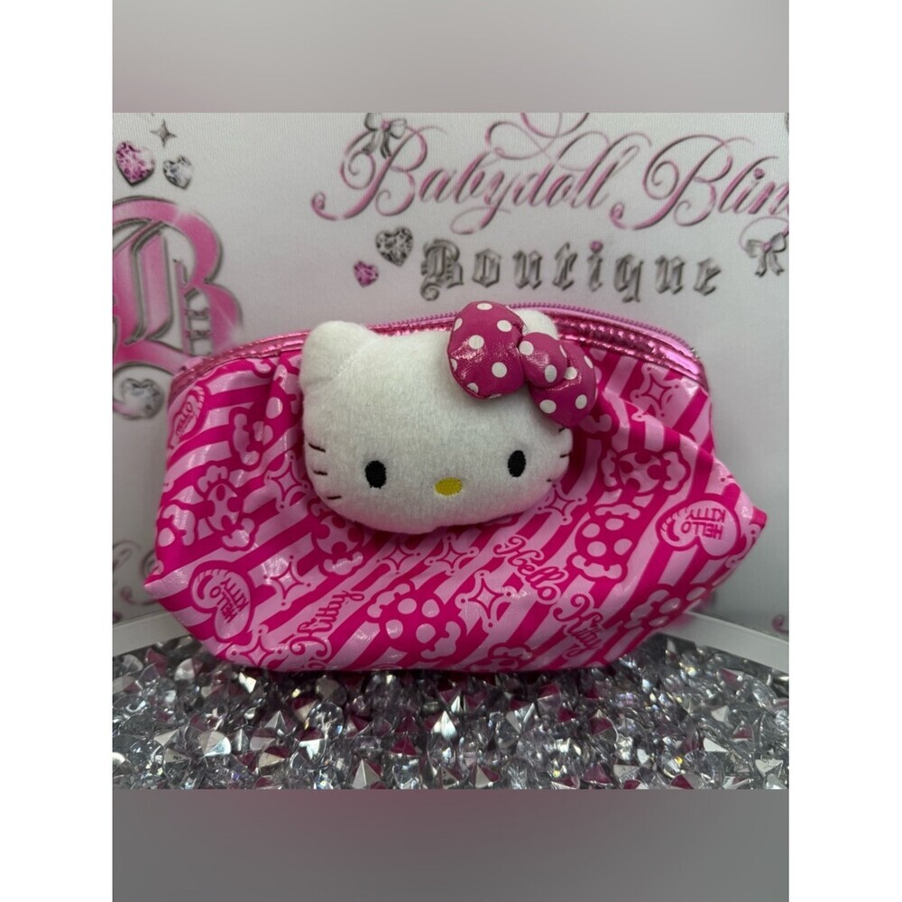 Hello Kitty bag makeup plush White Plush Face Pink Polka Dot Bow Cosmetic Pouch